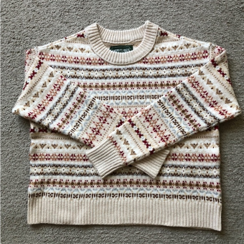 AE Outfitters Fair Isle Crewneck with Red and Tan Accents.